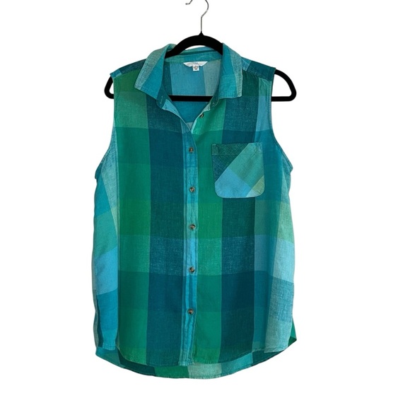 2/$30 Time and Tru Linen Aqua Blue Turquoise Plaid Button Down Sleeveless Top - Picture 1 of 8